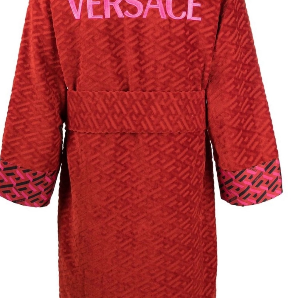 Unisex Large Versace Logo-Monogram Bath Robe Size Large Dark Red Versace Logo